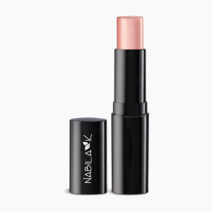 A sleek black lipstick tube of “Nabila K” Beauty Stix in the shade “Coquette,” featuring a creamy, shimmery pink formula, perfect for adding a touch of glow to lips and cheeks.