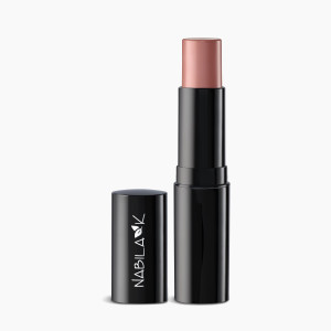 A sleek black tube of “Nabila K” Beauty Stix in the shade One-on-One, featuring a creamy, nude-pink pencil for easy application.