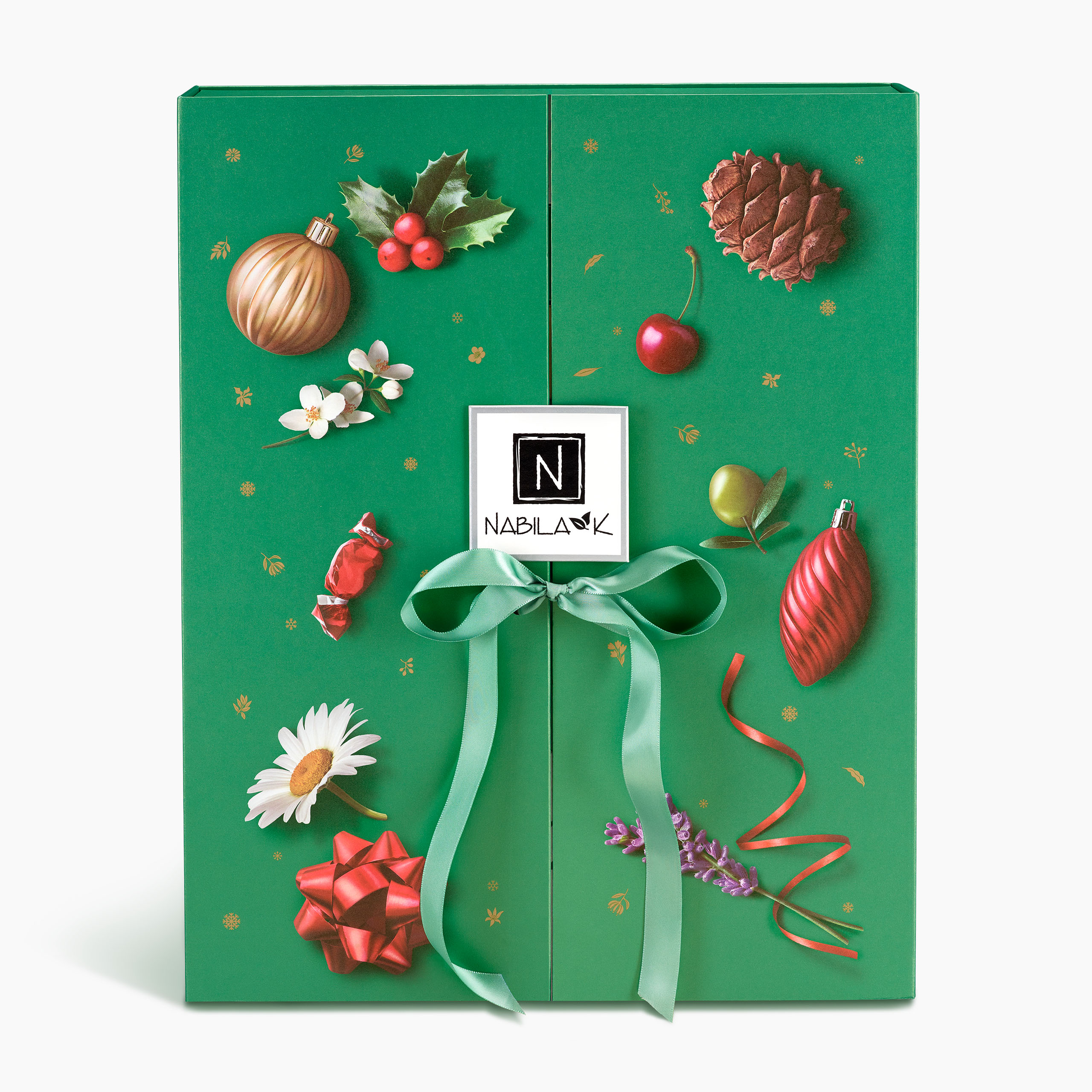 A festive green advent box from “Nabila K” adorned with holiday-themed decorations including ornaments, flowers, and ribbons, perfect for seasonal gifting.