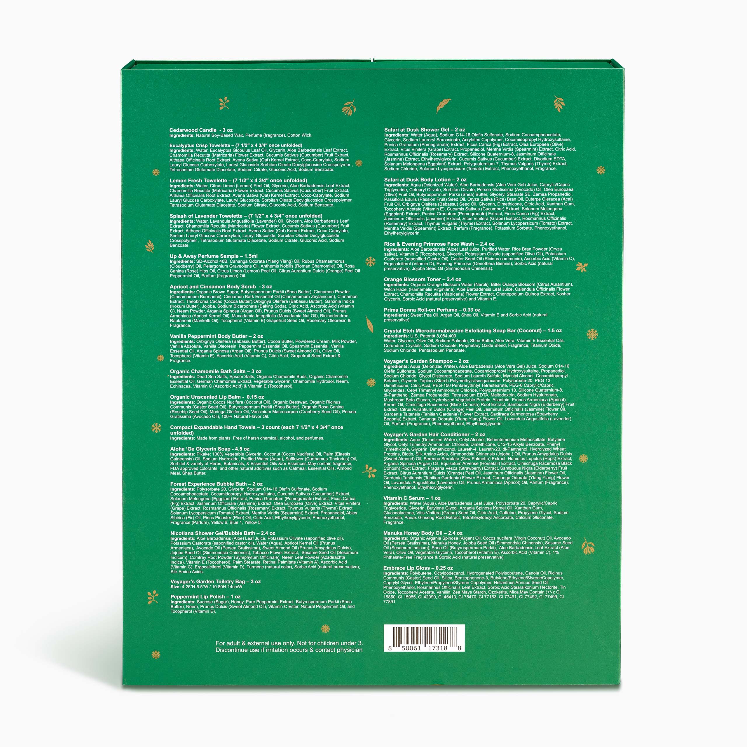 Back view of the “Nabila K” Advent Gift Box featuring a variety of skincare and body care products, including a Codream Candle, Shower Gel, Body Lotion, Face Wash, and more, all listed with descriptions and ingredients on a green background.