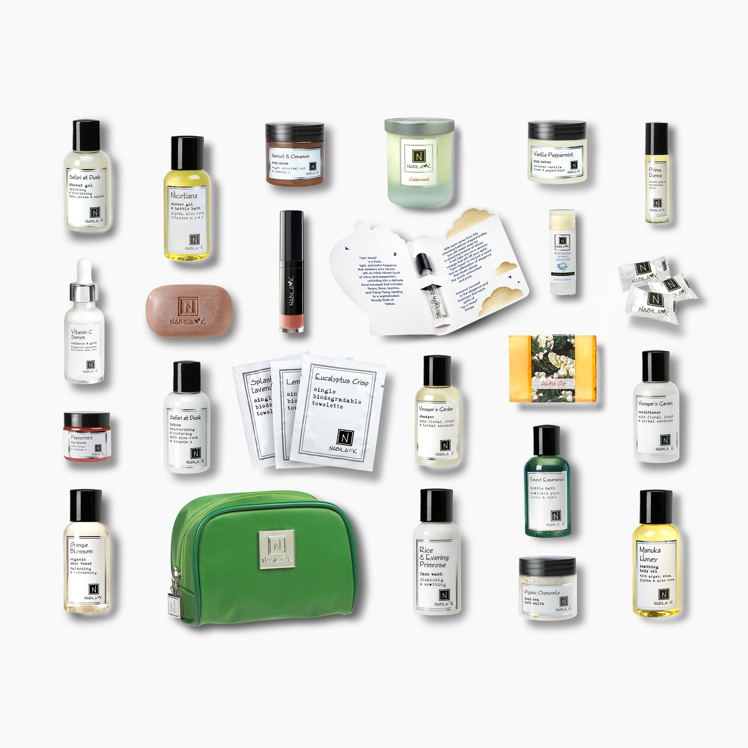 A collection of skincare products from the brand “Nabila K,” featuring various bottles, jars, and a green cosmetic bag, arranged in a visually appealing layout.
